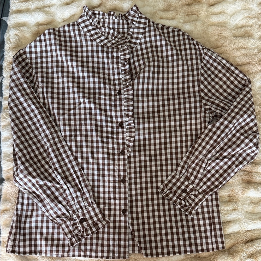 Brown and White Gingham Ruffle Button-Up Blouse